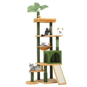 Tall Cat Tree Tower with Leaves – Indoor Cat Climbing Tower with Self-Grooming Brush, Condo, Perch, Basket, Sisal Scratching Posts, and Toy Balls