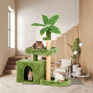 Indoor Cat Tree with Green Leaves – Cozy Plush Cat Condo with Hanging Ball, Leaf Design, and Scratching Posts