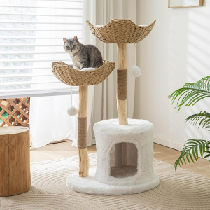 Modern Wooden Cat Tree for Large Indoor Cats – Luxury White Cat Condo with Scratching Post