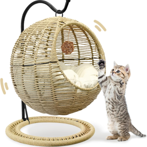 Handmade Wicker Cat Swing Bed for Indoors & Outdoors – Includes Removable Cushion and Hanging Ball, Washable Pet Swing for Cats, Small Dogs, and Small Animals